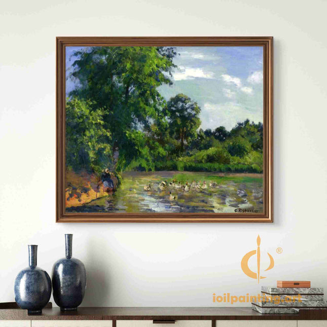 "Camille Pissarro's 'Ducks on a Serene Pond' - Hand-Painted Impressionist Oil Painting Reproduction"