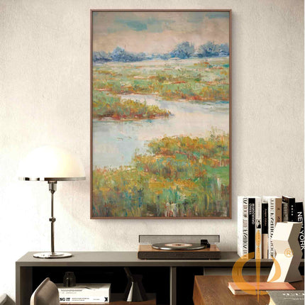 "Abstract River Landscape Oil Painting - Serene Waters & Lush Banks | Handmade Nature-Inspired Wall Art"
