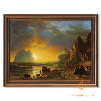 "Albert Bierstadt's 'Golden Mountain Sunset' - Hand-Painted Landscape Oil Painting Reproduction"