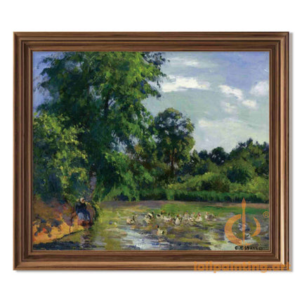 "Camille Pissarro's 'Ducks on a Serene Pond' - Hand-Painted Impressionist Oil Painting Reproduction"
