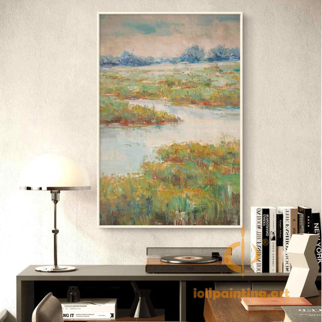 "Abstract River Landscape Oil Painting - Serene Waters & Lush Banks | Handmade Nature-Inspired Wall Art"