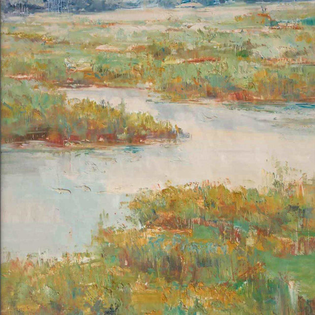 "Abstract River Landscape Oil Painting - Serene Waters & Lush Banks | Handmade Nature-Inspired Wall Art"