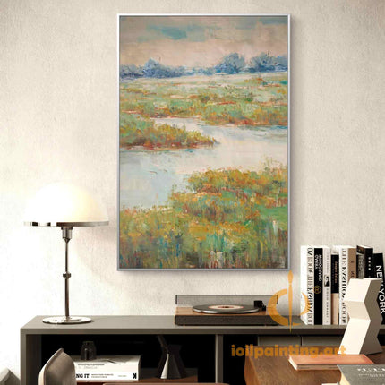 "Abstract River Landscape Oil Painting - Serene Waters & Lush Banks | Handmade Nature-Inspired Wall Art"