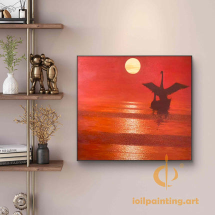 "Majestic Swan at Sunset - Premium Hand-Painted Oil Reproduction on Canvas"