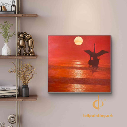 "Majestic Swan at Sunset - Premium Hand-Painted Oil Reproduction on Canvas"