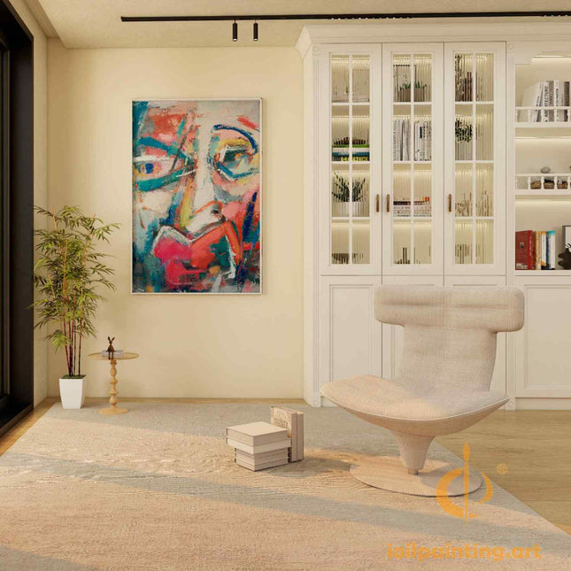 "Expressive Face Abstract Oil Painting - Bold Color Portrait Art - Handmade Contemporary Wall Decor for Modern Interiors"