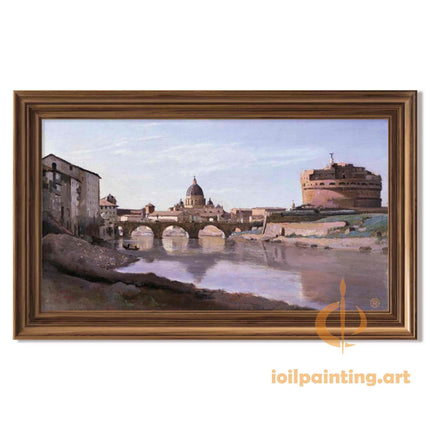 "Camille Corot's 'Riverside Castle with Stone Bridge' - Hand-Painted Oil Painting Reproduction"