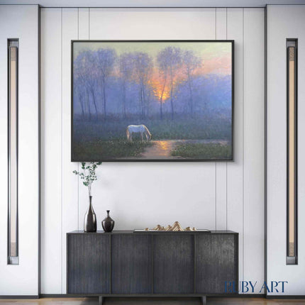 White Horse Grazing in Enchanted Forest Oil Painting - Serene Pastoral Landscape Art - Handmade Nature Scene Canvas