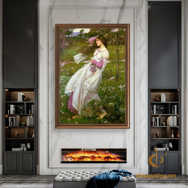"John William Waterhouse's 'Windblown Beauty in Floral Meadow' - Hand-Painted Oil Painting Reproduction"