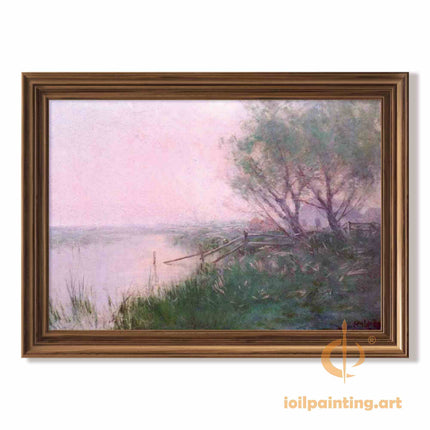 "Julian Onderdonk's 'Serene Riverbank with Flowering Trees' - Premium Hand-Painted Oil Reproduction on Canvas"