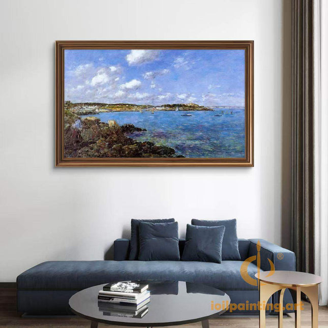"Eugène Boudin's 'Coastal Serenity with Lighthouse' - Hand-Painted Oil Painting Reproduction"