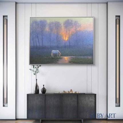 White Horse Grazing in Enchanted Forest Oil Painting - Serene Pastoral Landscape Art - Handmade Nature Scene Canvas
