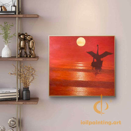 "Majestic Swan at Sunset - Premium Hand-Painted Oil Reproduction on Canvas"