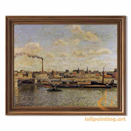 "Camille Pissarro's 'Riverside with Boats and Smoking Chimney' - Hand-Painted Impressionist Oil Painting Reproduction"