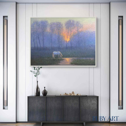 White Horse Grazing in Enchanted Forest Oil Painting - Serene Pastoral Landscape Art - Handmade Nature Scene Canvas