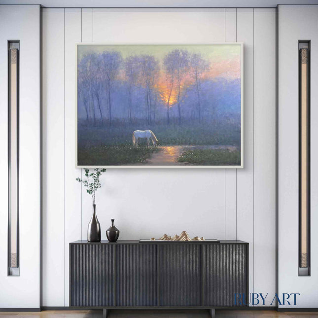 White Horse Grazing in Enchanted Forest Oil Painting - Serene Pastoral Landscape Art - Handmade Nature Scene Canvas