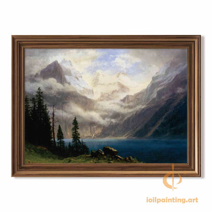"Albert Bierstadt's 'Alpine Serenity' - Hand-Painted Mountain Lake Oil Painting Reproduction"