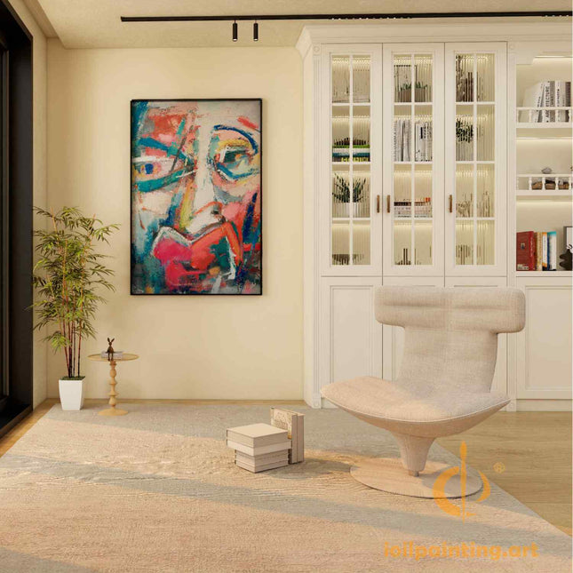 "Expressive Face Abstract Oil Painting - Bold Color Portrait Art - Handmade Contemporary Wall Decor for Modern Interiors"