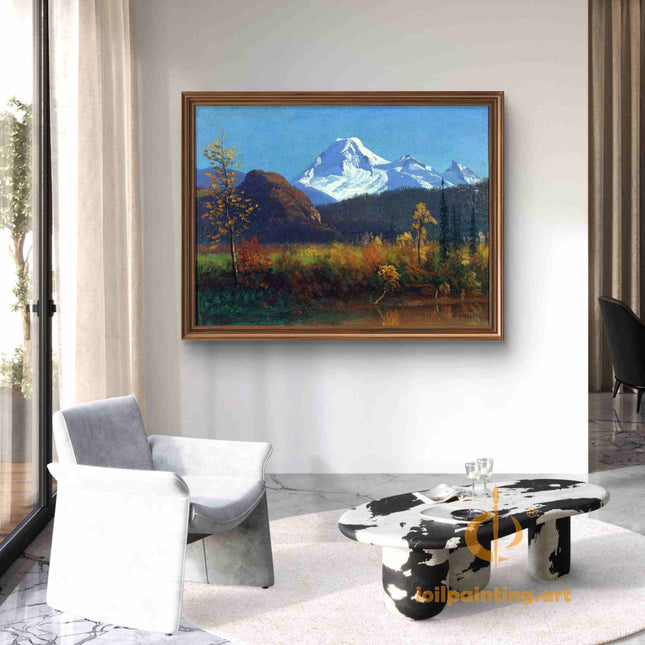 "Albert Bierstadt's 'Autumn Mountain Majesty' - Hand-Painted Landscape Oil Painting Reproduction"