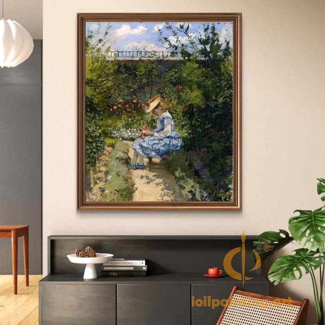 "Camille Pissarro's 'Girl with Flowers in Garden' - Hand-Painted Impressionist Oil Painting Reproduction"