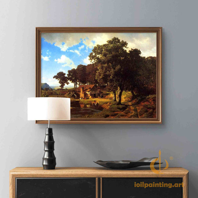 "Albert BIerstadt's 'Riverside Cottage' - Hand-Painted Classical Landscape Oil Painting Reproduction"