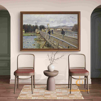 "Alfred Sisley's 'The Riverside Bridge' - Hand-Painted Impressionist Oil Painting Reproduction"