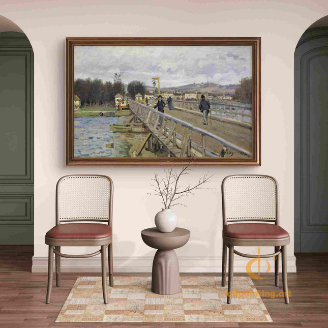 "Alfred Sisley's 'The Riverside Bridge' - Hand-Painted Impressionist Oil Painting Reproduction"