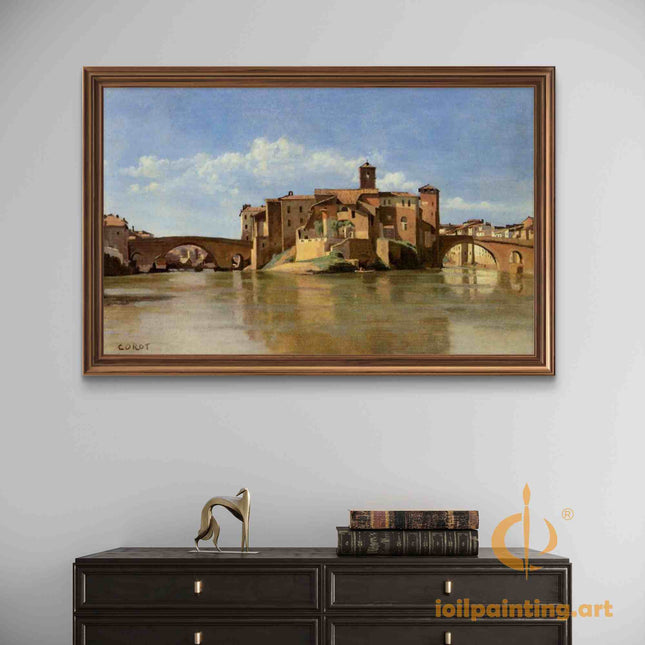 "Camille Corot's 'Riverside Village with Stone Bridge' - Hand-Painted Oil Painting Reproduction"