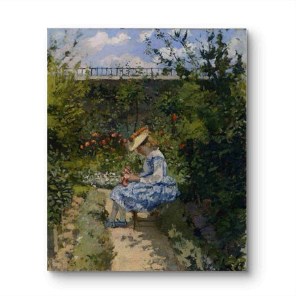 "Camille Pissarro's 'Girl with Flowers in Garden' - Hand-Painted Impressionist Oil Painting Reproduction"