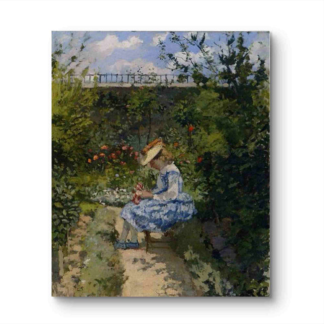 "Camille Pissarro's 'Girl with Flowers in Garden' - Hand-Painted Impressionist Oil Painting Reproduction"