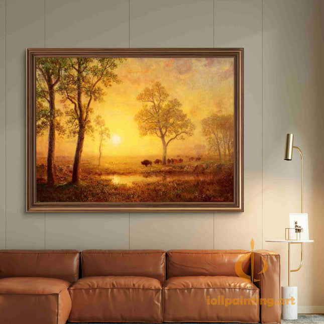 "Albert Bierstadt's 'Golden Prairie Dawn' - Hand-Painted Landscape Oil Painting Reproduction"