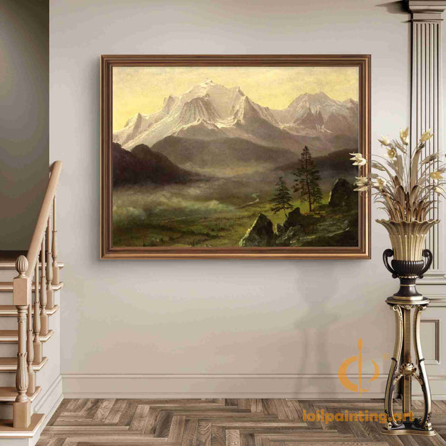 "Albert Bierstadt's 'Alpine Majesty' - Hand-Painted Landscape Oil Painting Reproduction"
