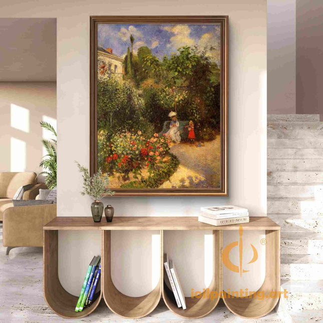 "Camille Pissarro's 'Garden Serenity with Mother and Child' - Hand-Painted Oil Painting Reproduction"