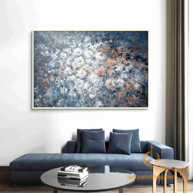 "Modern Abstract Floral Oil Painting - Soft Gray & Blue Blooms with Peach Accents | Handmade Canvas Wall Art"