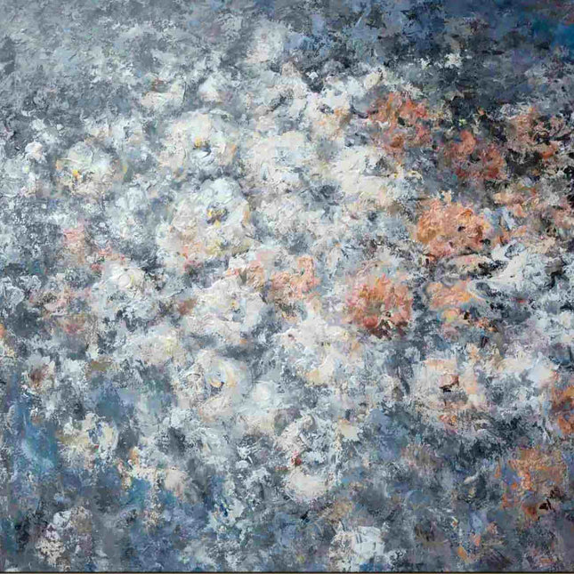 "Modern Abstract Floral Oil Painting - Soft Gray & Blue Blooms with Peach Accents | Handmade Canvas Wall Art"