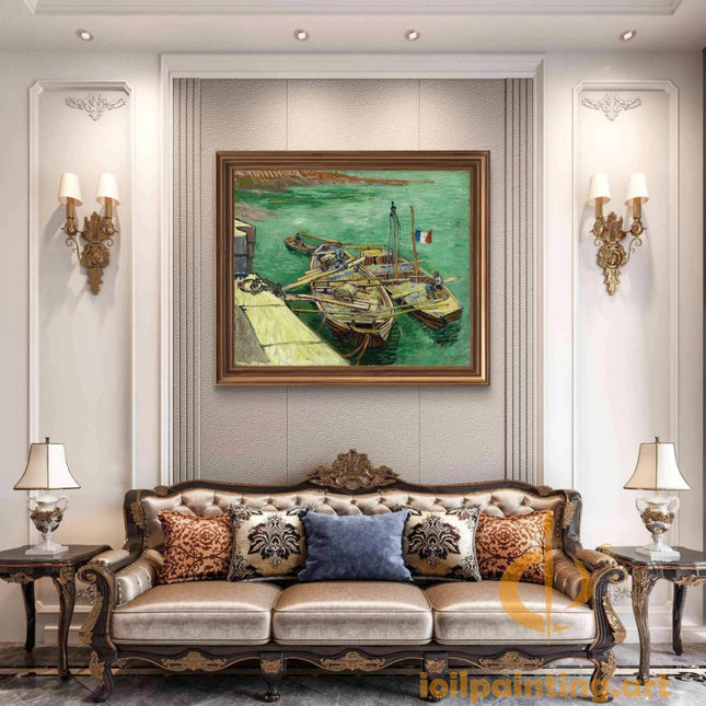 "Vincent van Gogh's 'Boats with Workers on the Shore' - Premium Hand-Painted Oil Reproduction on Canvas"