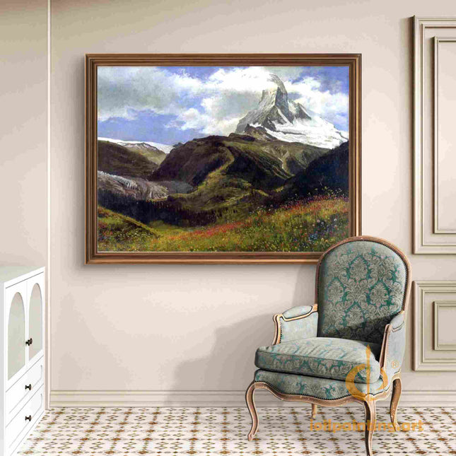"Albert Bierstadt's 'Alpine Splendor' - Hand-Painted Mountain Landscape Oil Painting Reproduction"