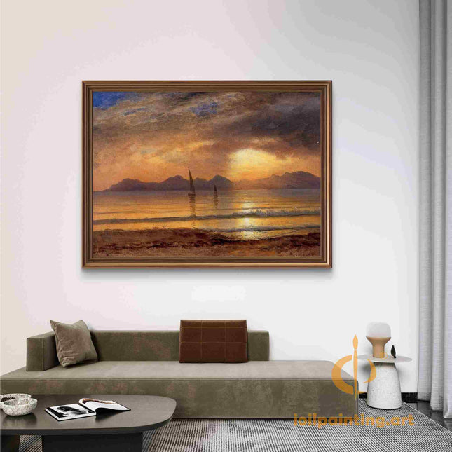 "Albert Bierstadt's 'Sunset Sail' - Hand-Painted Seascape Oil Painting Reproduction"