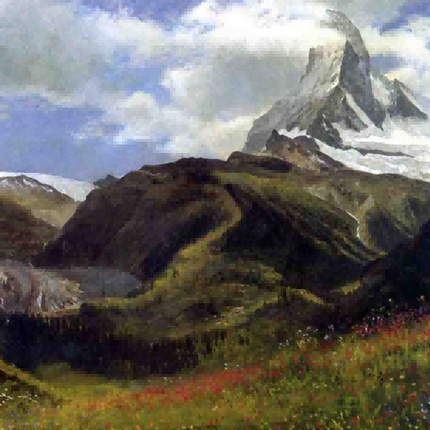 "Albert Bierstadt's 'Alpine Splendor' - Hand-Painted Mountain Landscape Oil Painting Reproduction"