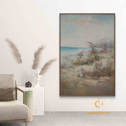 "Coastal Abstract Oil Painting - Serene Beach Landscape with Sea Grass & Ocean Blues | Handmade Wall Art"