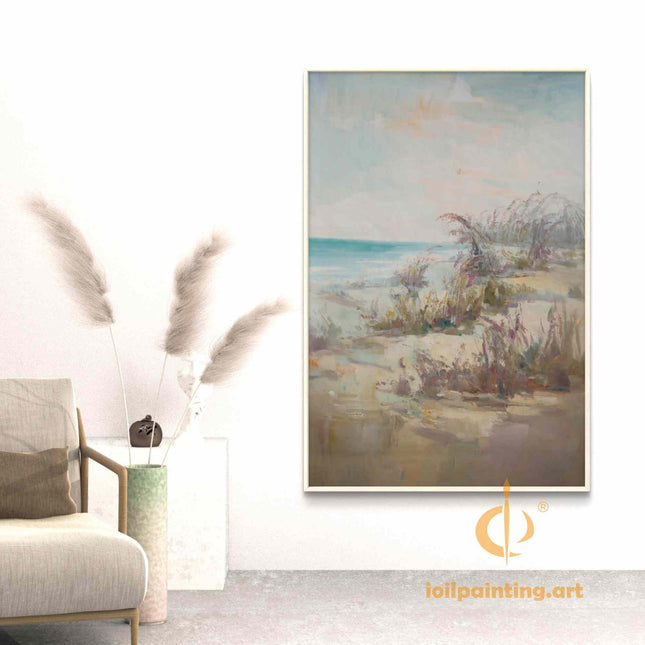 "Coastal Abstract Oil Painting - Serene Beach Landscape with Sea Grass & Ocean Blues | Handmade Wall Art"