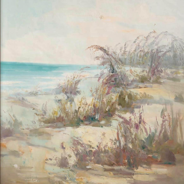 "Coastal Abstract Oil Painting - Serene Beach Landscape with Sea Grass & Ocean Blues | Handmade Wall Art"