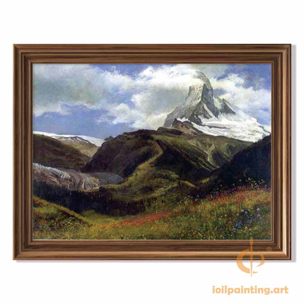 "Albert Bierstadt's 'Alpine Splendor' - Hand-Painted Mountain Landscape Oil Painting Reproduction"