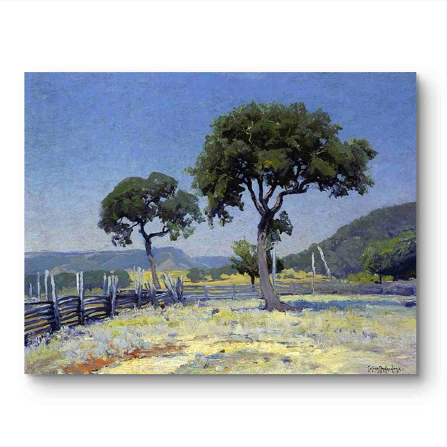 "Julian Onderdonk's 'Countryside Serenity: Twin Oaks & Rustic Fence' Oil Painting Reproduction on Canvas"