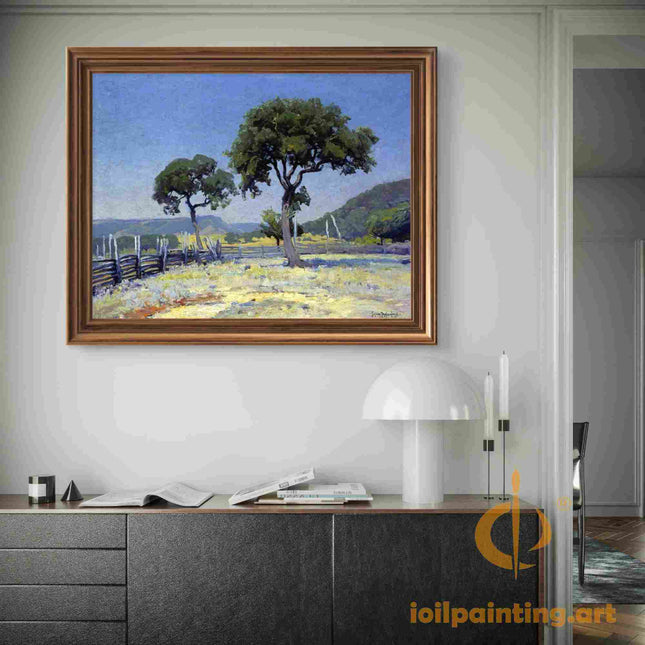 "Julian Onderdonk's 'Countryside Serenity: Twin Oaks & Rustic Fence' Oil Painting Reproduction on Canvas"
