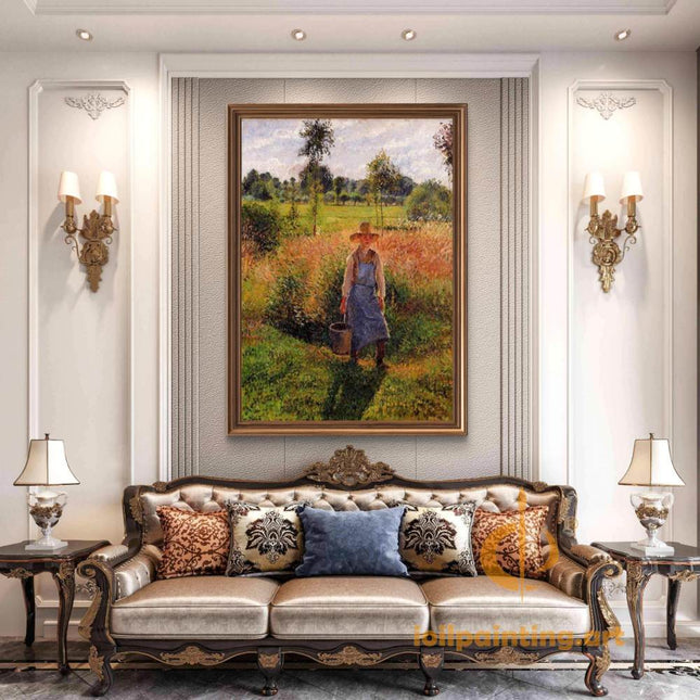 "Camille Pissarro's 'Country Woman with Bucket in Sunlit Field' - Hand-Painted Oil Painting Reproduction"