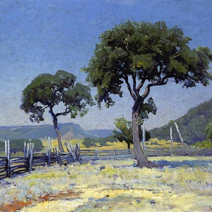 "Julian Onderdonk's 'Countryside Serenity: Twin Oaks & Rustic Fence' Oil Painting Reproduction on Canvas"