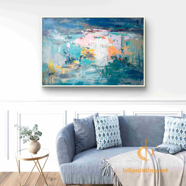 "Modern Abstract Oil Painting - Bold Blue & Pink Color Splash with Yellow Accents | Handmade Textured Canvas Art"