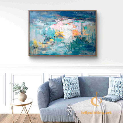 "Modern Abstract Oil Painting - Bold Blue & Pink Color Splash with Yellow Accents | Handmade Textured Canvas Art"