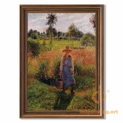 "Camille Pissarro's 'Country Woman with Bucket in Sunlit Field' - Hand-Painted Oil Painting Reproduction"